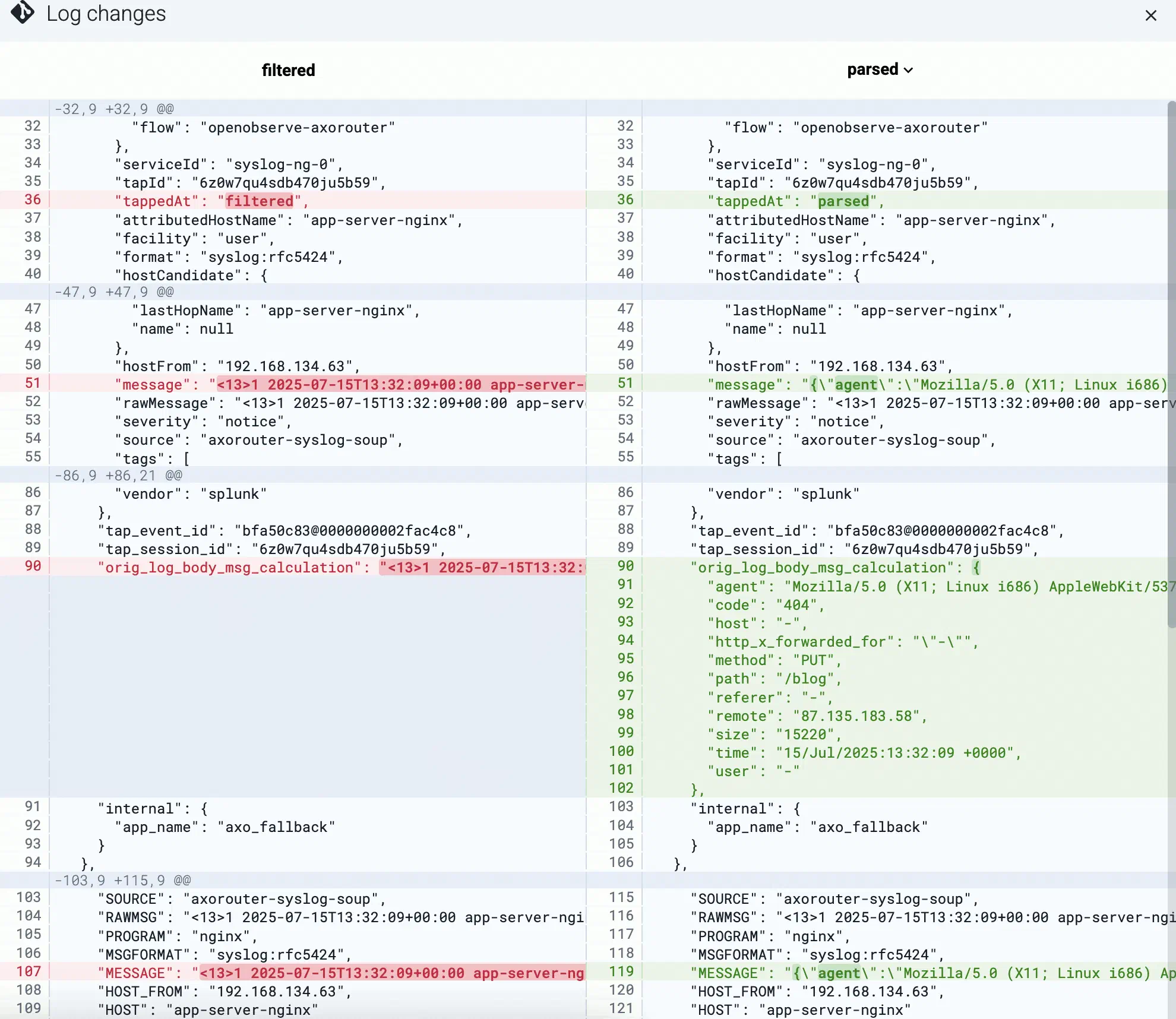 Flow diff of a parsed message
