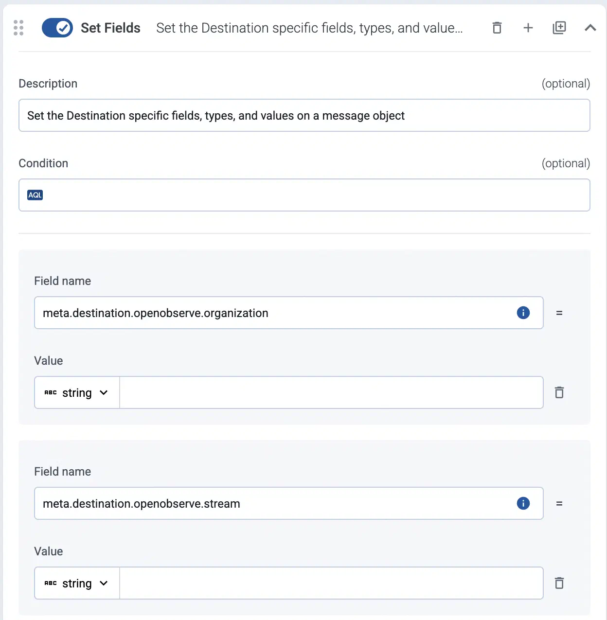 Set destination-specific fields