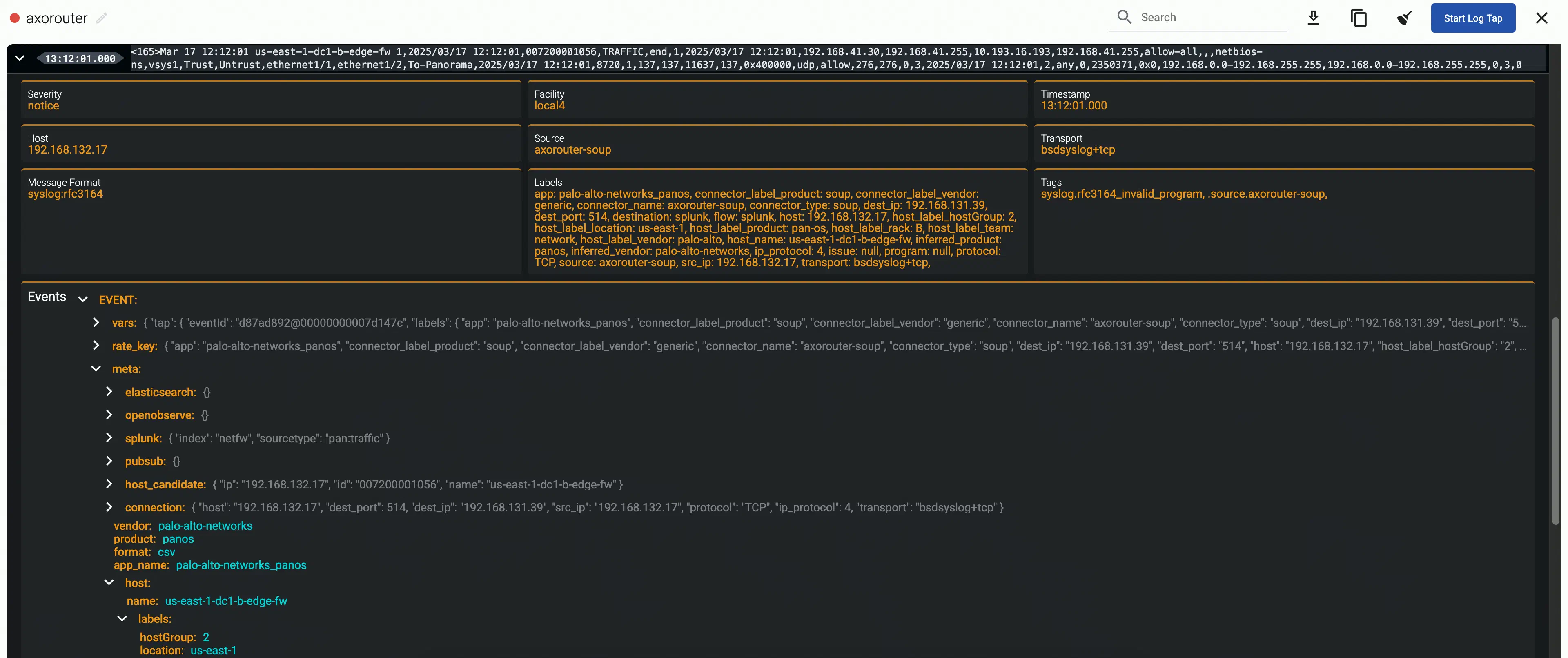 Metadata of an event in shown in log tapping