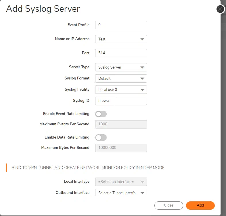 SonicWall add syslog server screen