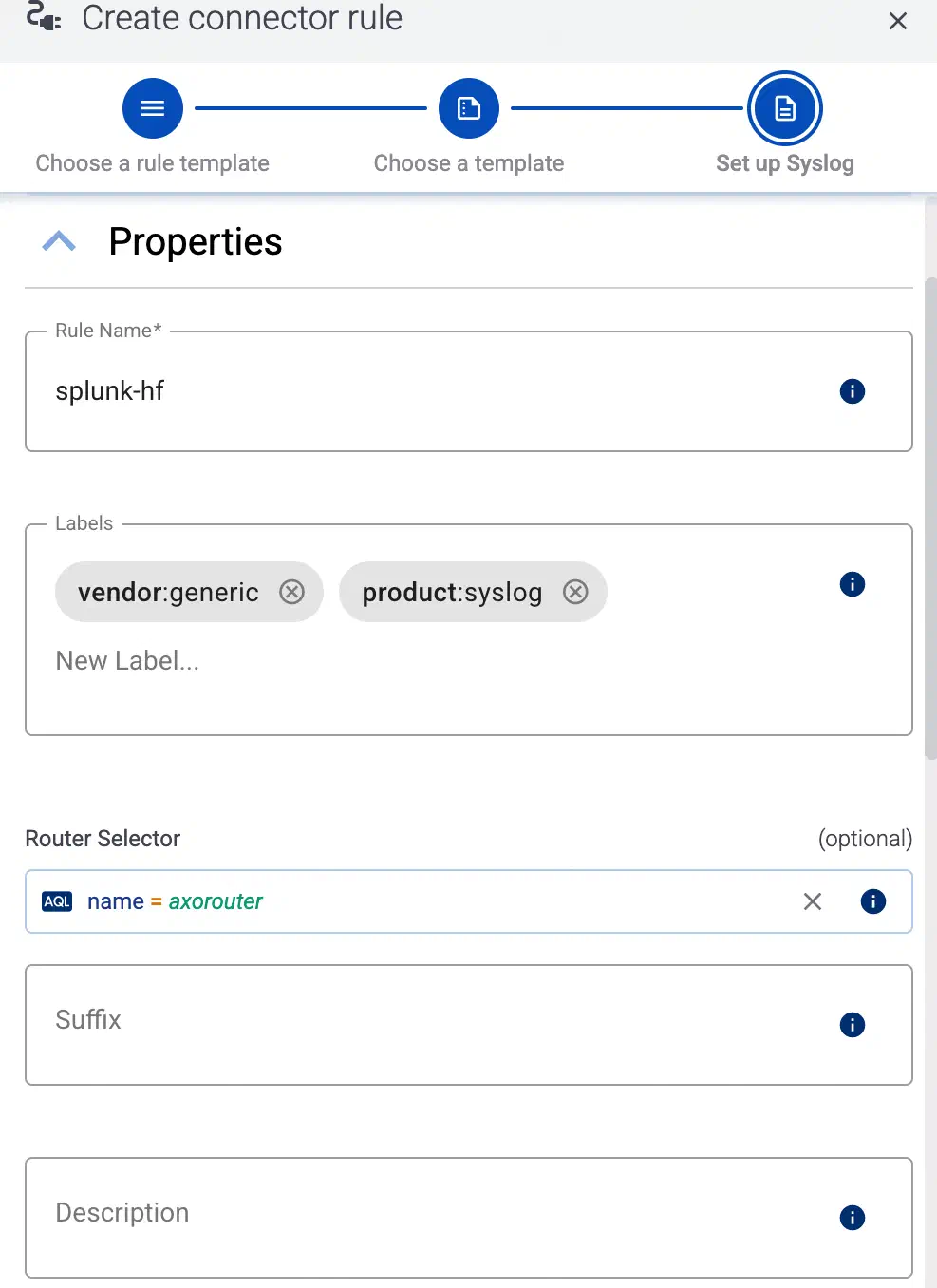 Syslog connector settings for Splunk