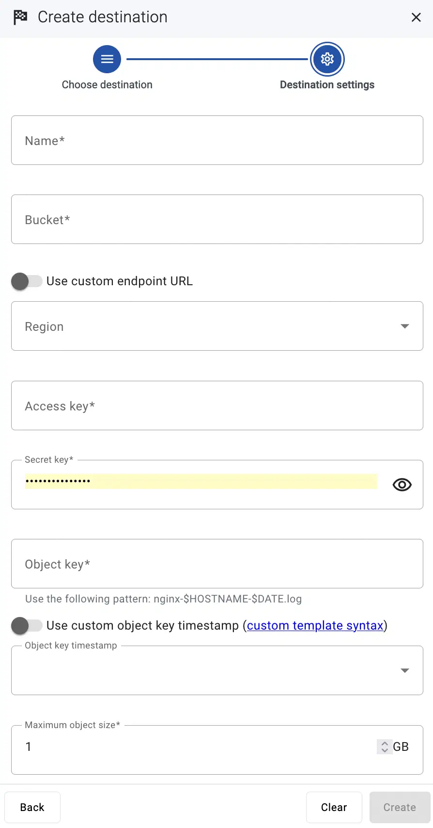 Configure the S3 destination