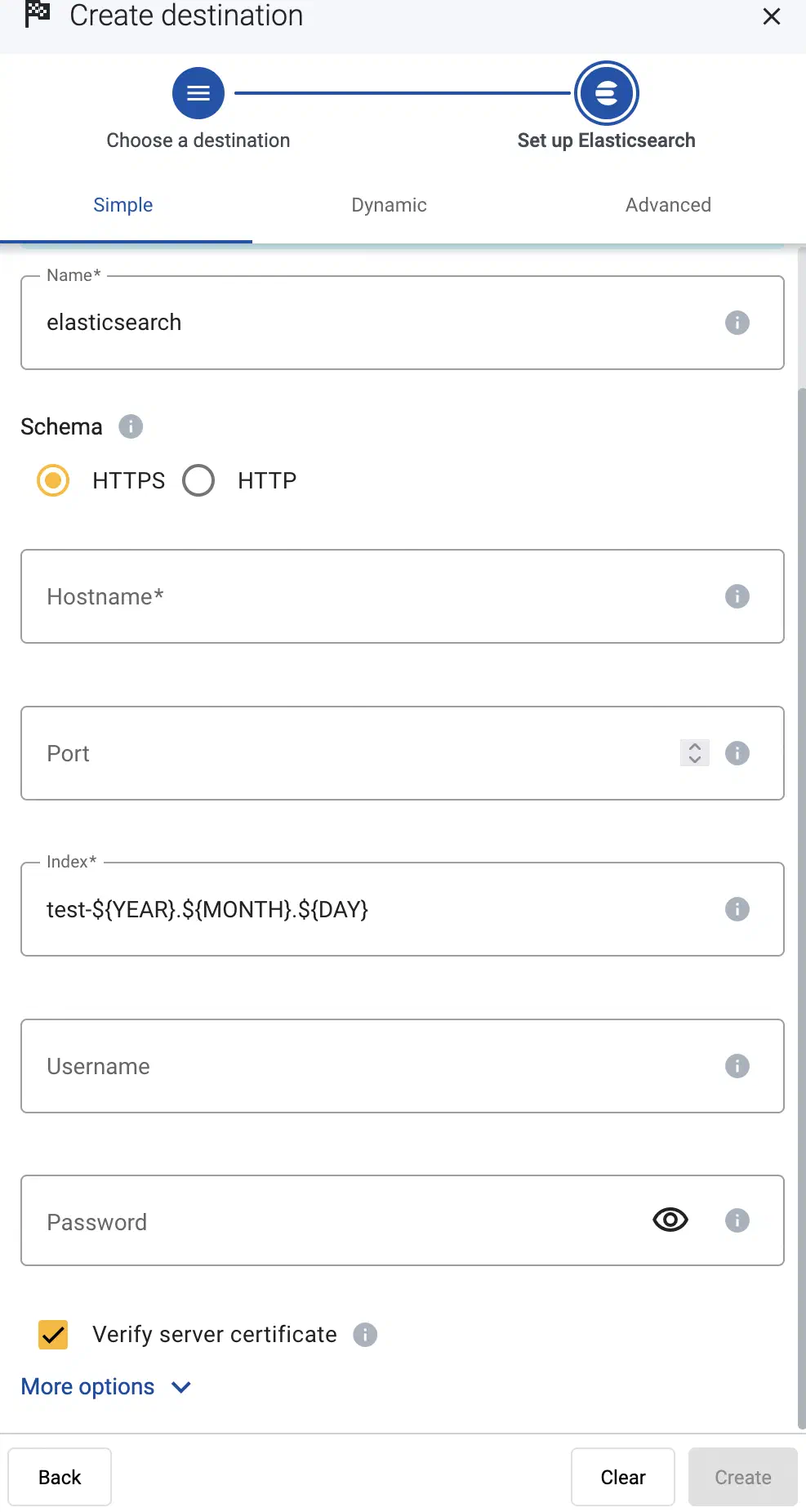 Configure the Elasticsearch destination