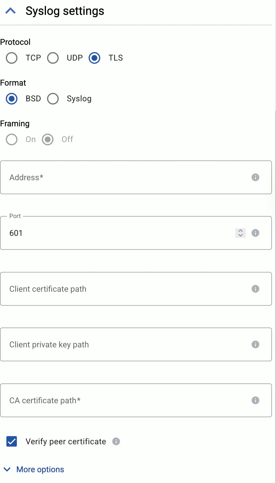 Syslog destination settings