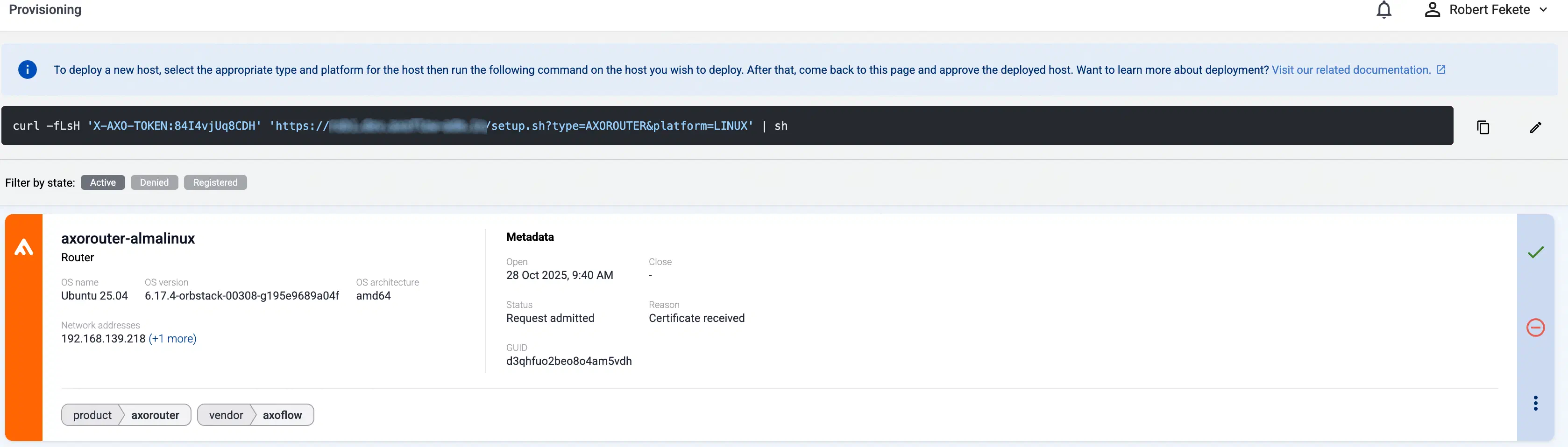 Provisioning AxoRouter - registration request