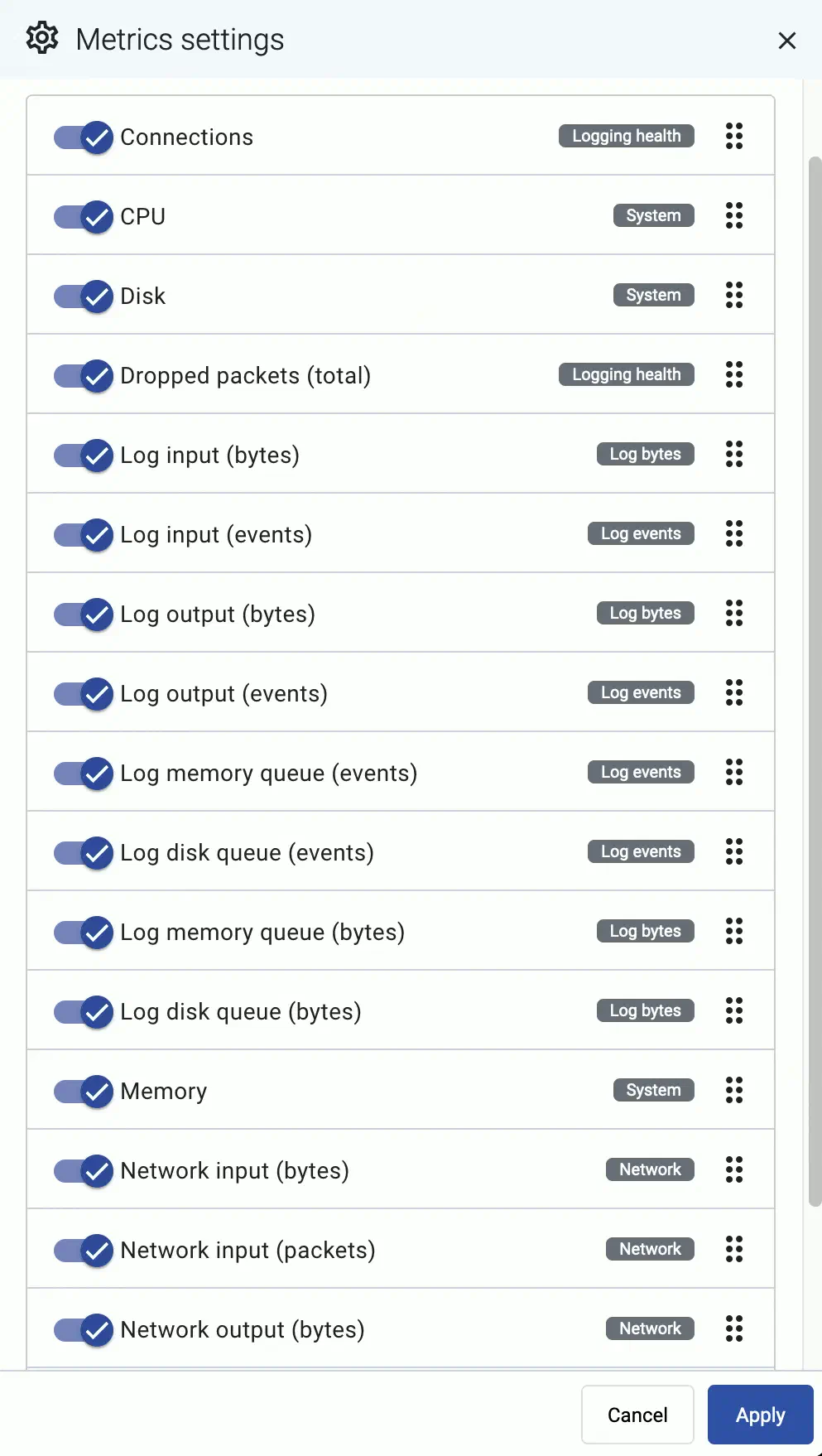 Host metrics settings