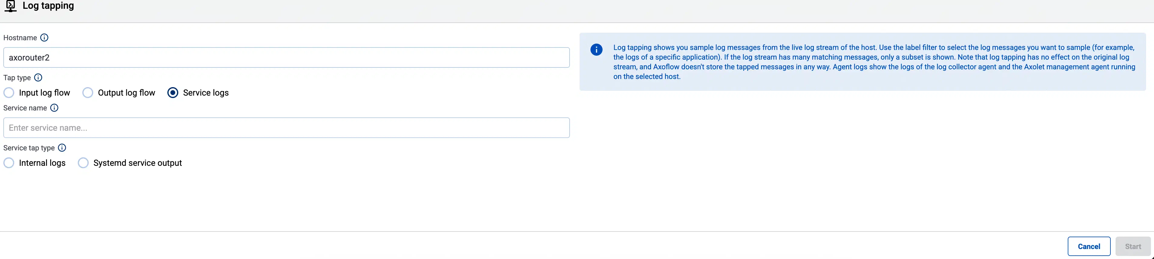 Configure service log tapping