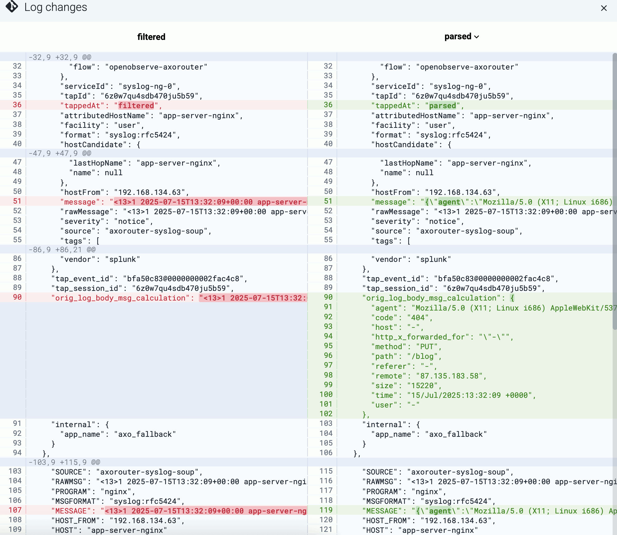 Flow diff of a parsed message