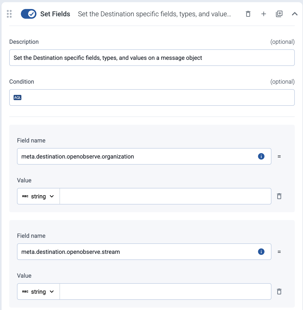 Set destination-specific fields