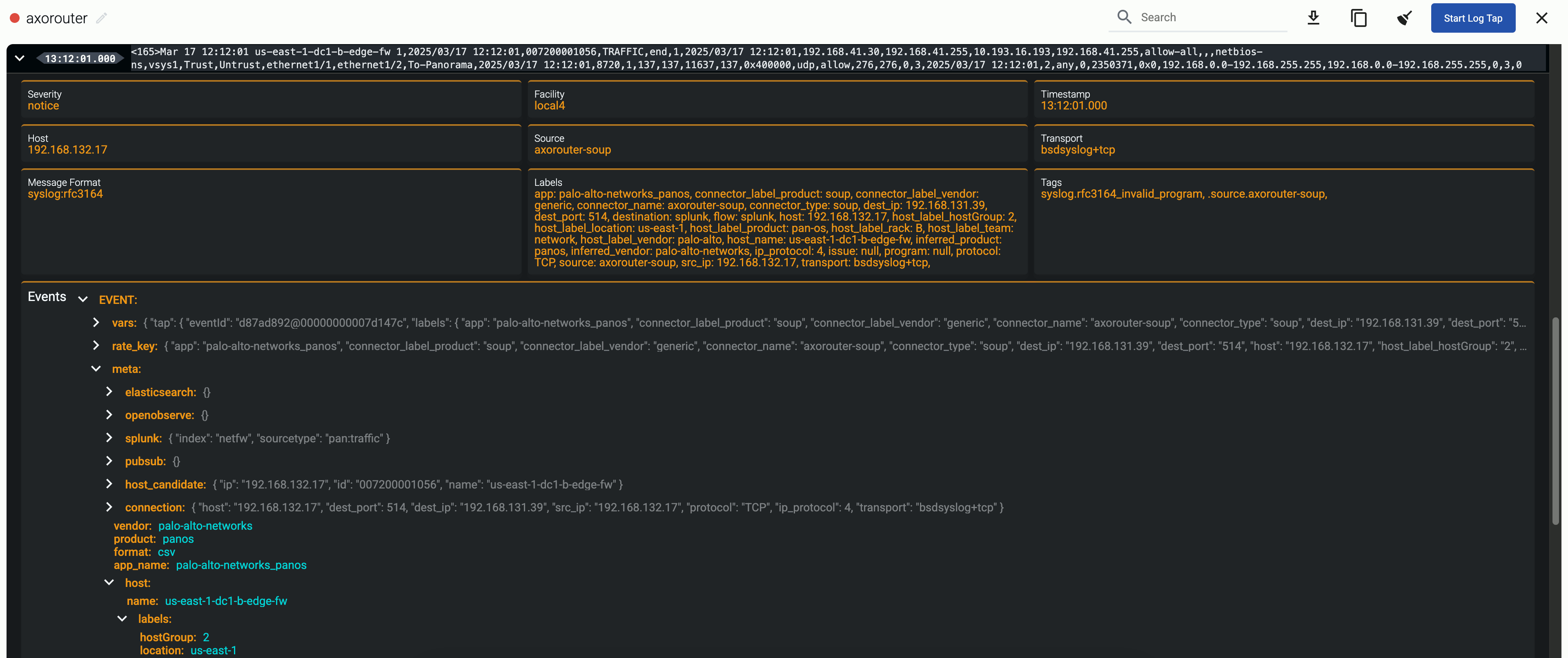 Metadata of an event in shown in log tapping