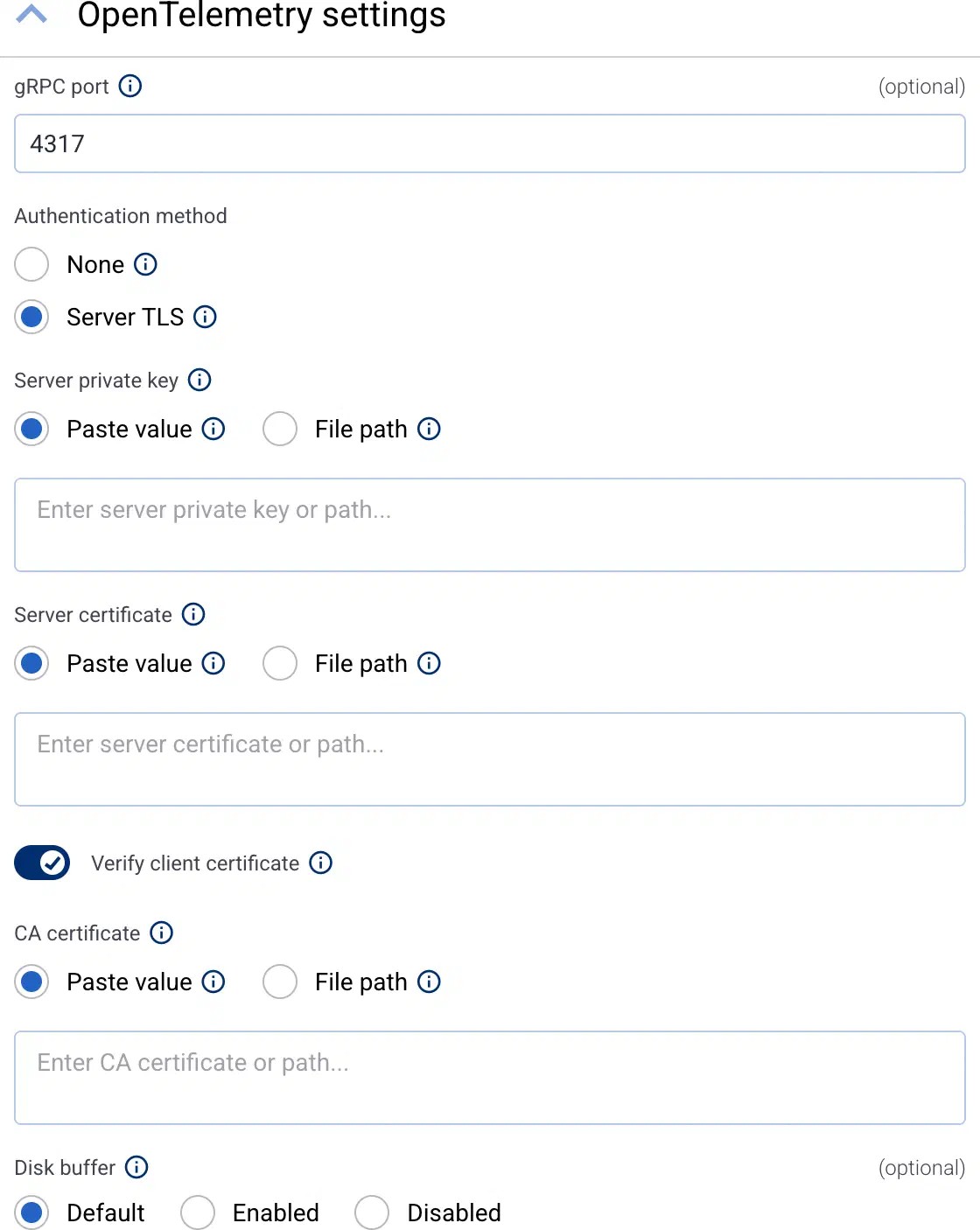 OpenTelemetry connector settings