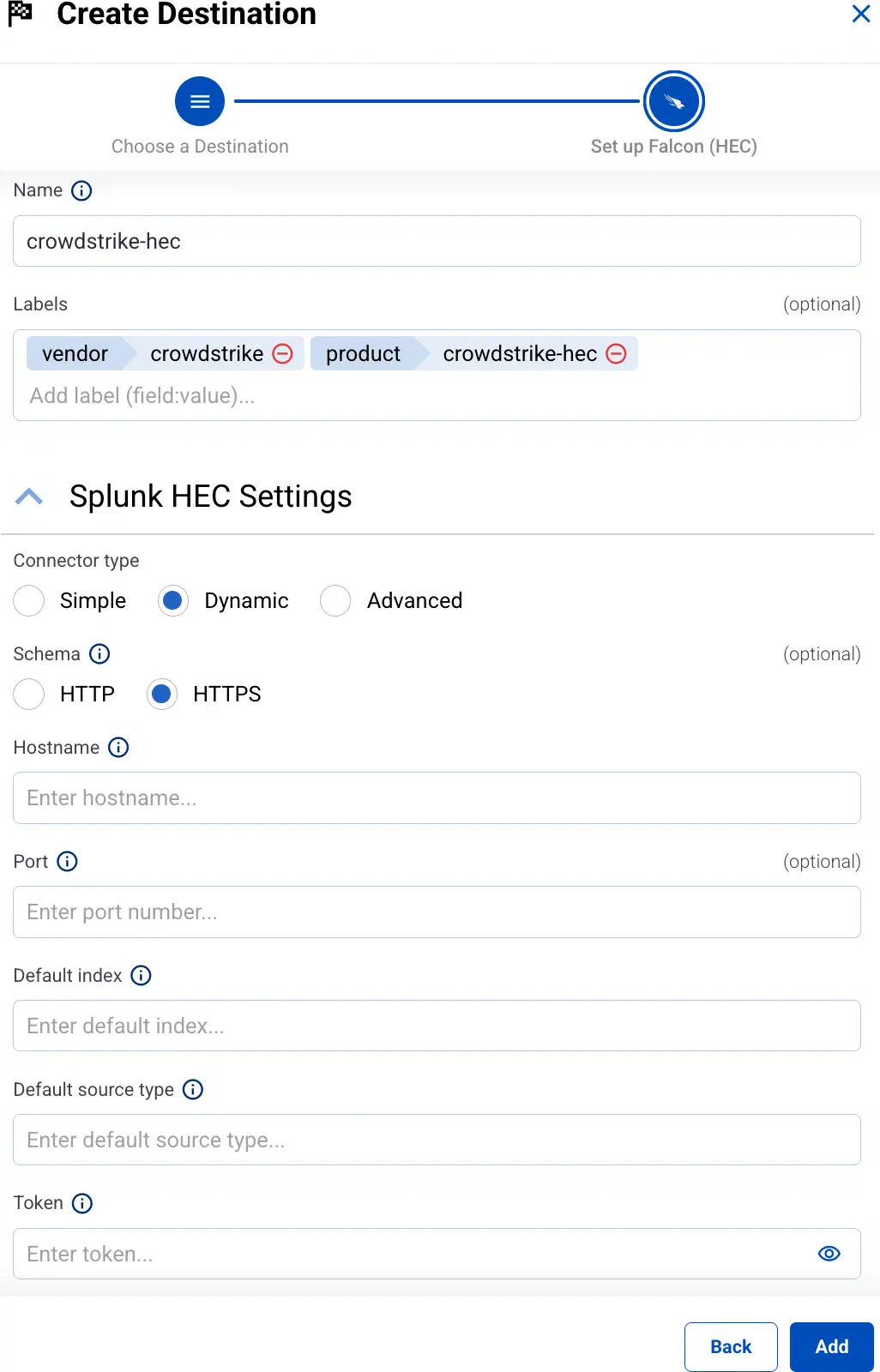 Configure the Falcon (HEC) destination