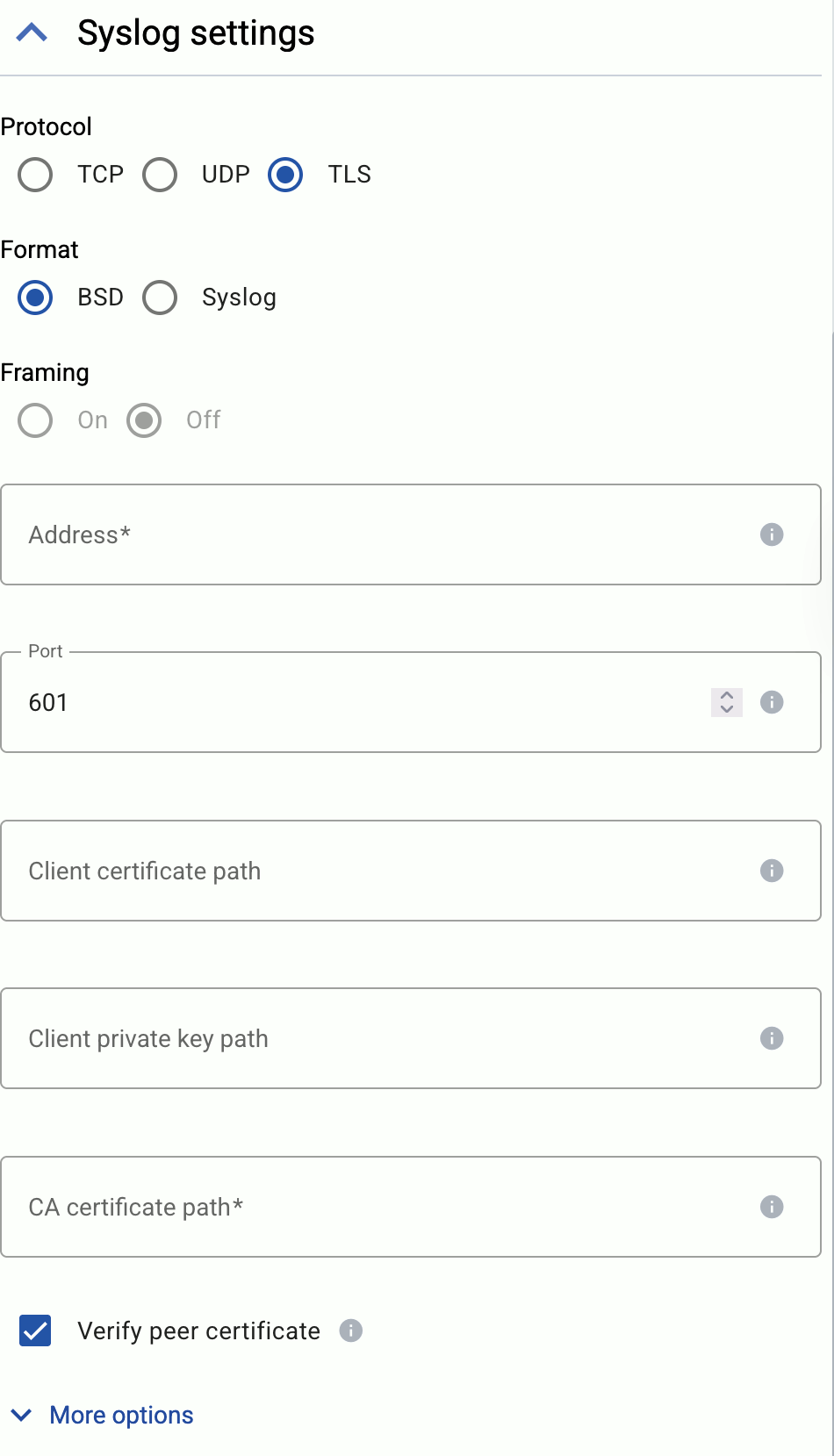 Syslog destination settings