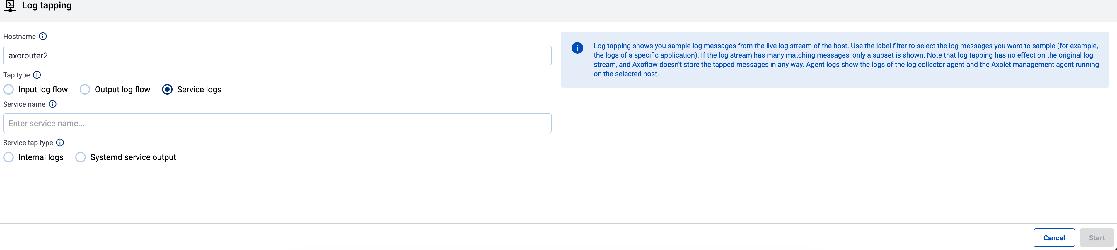 Configure service log tapping