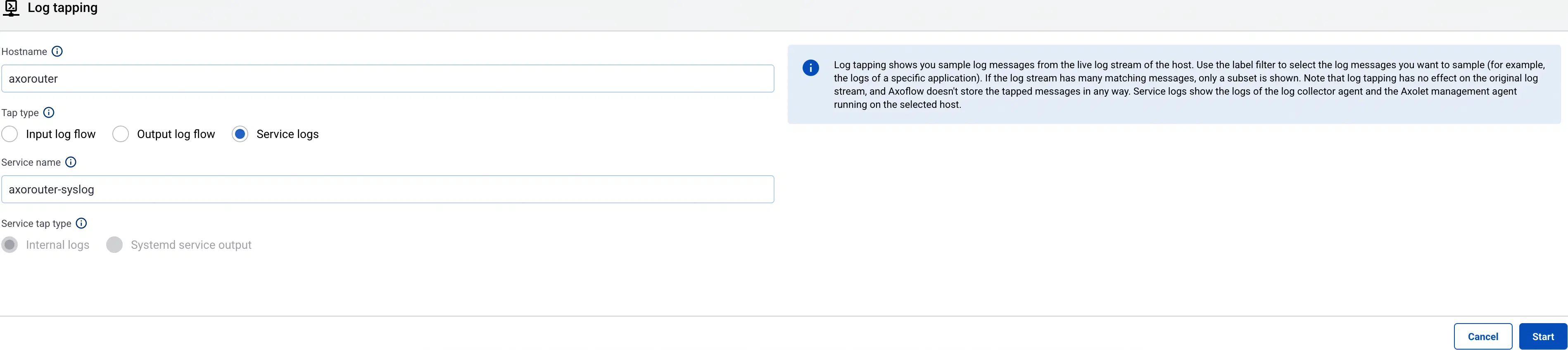 Configure service log tapping