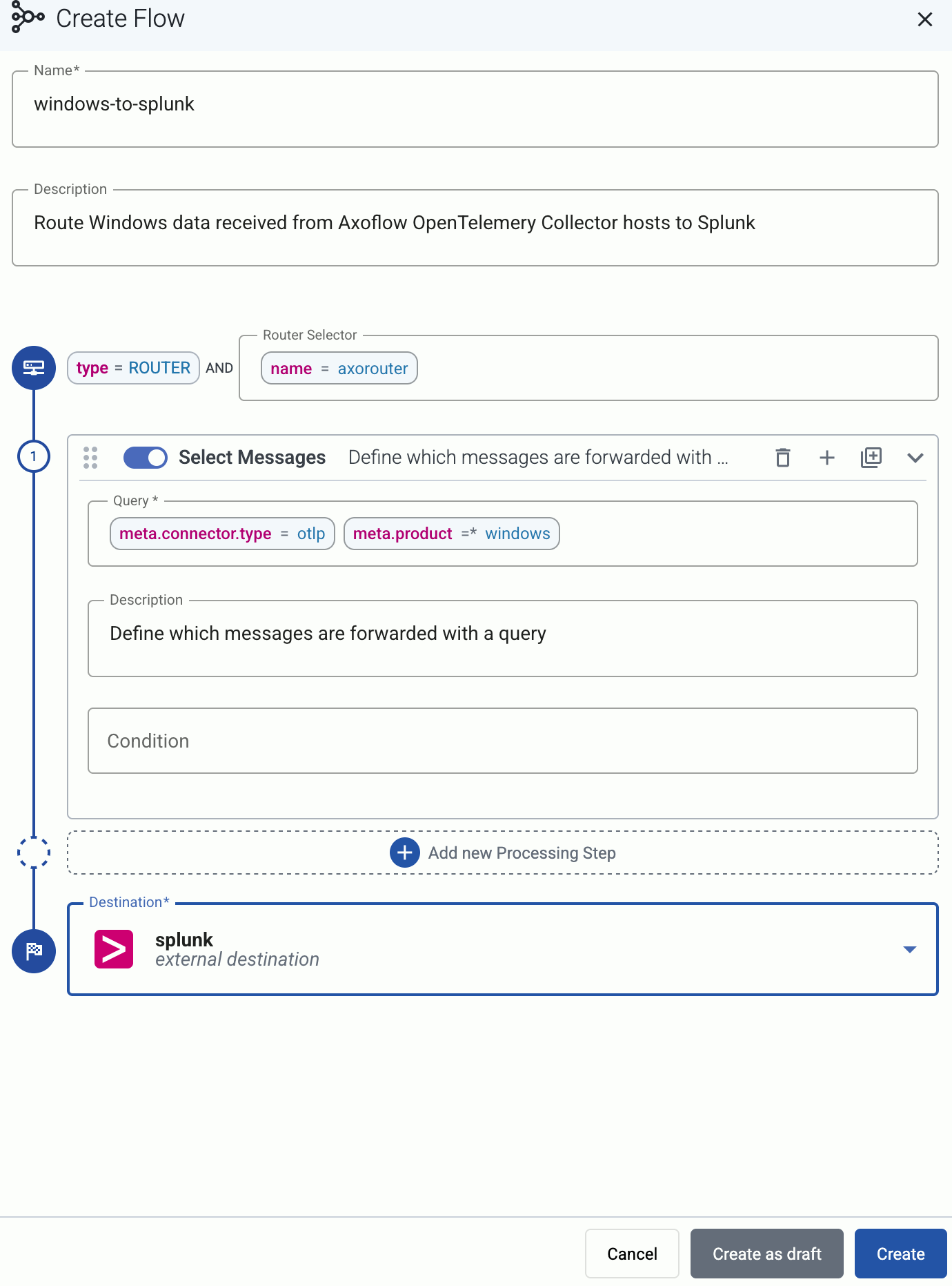 Route Windows data that’s received by the AxoRouter OpenTelemetry connector to your destination